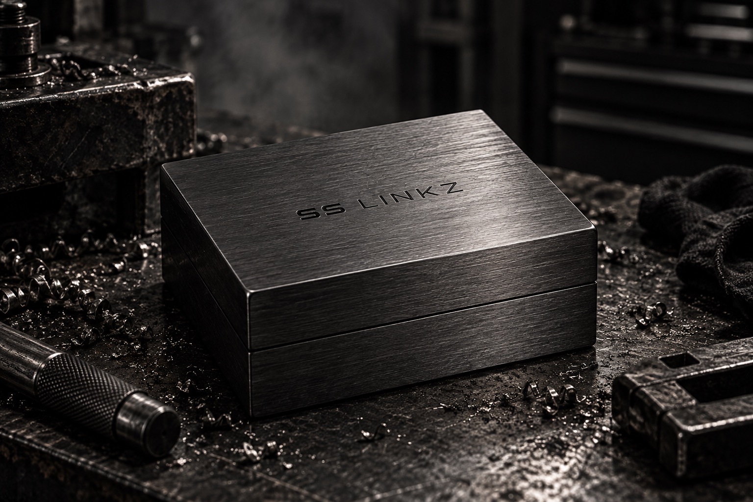 Brushed steel SS LINKZ presentation box on a workshop bench