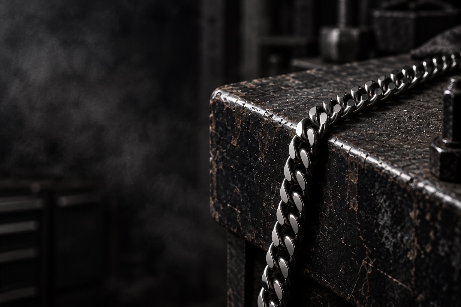 Polished stainless steel Cuban chain draped over a scarred steel block in a workshop